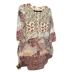 Anthropologie Fig & Flower SZ L Tropical Print 3/4 Sleeve Shirt Dress Hi-Lo Midi